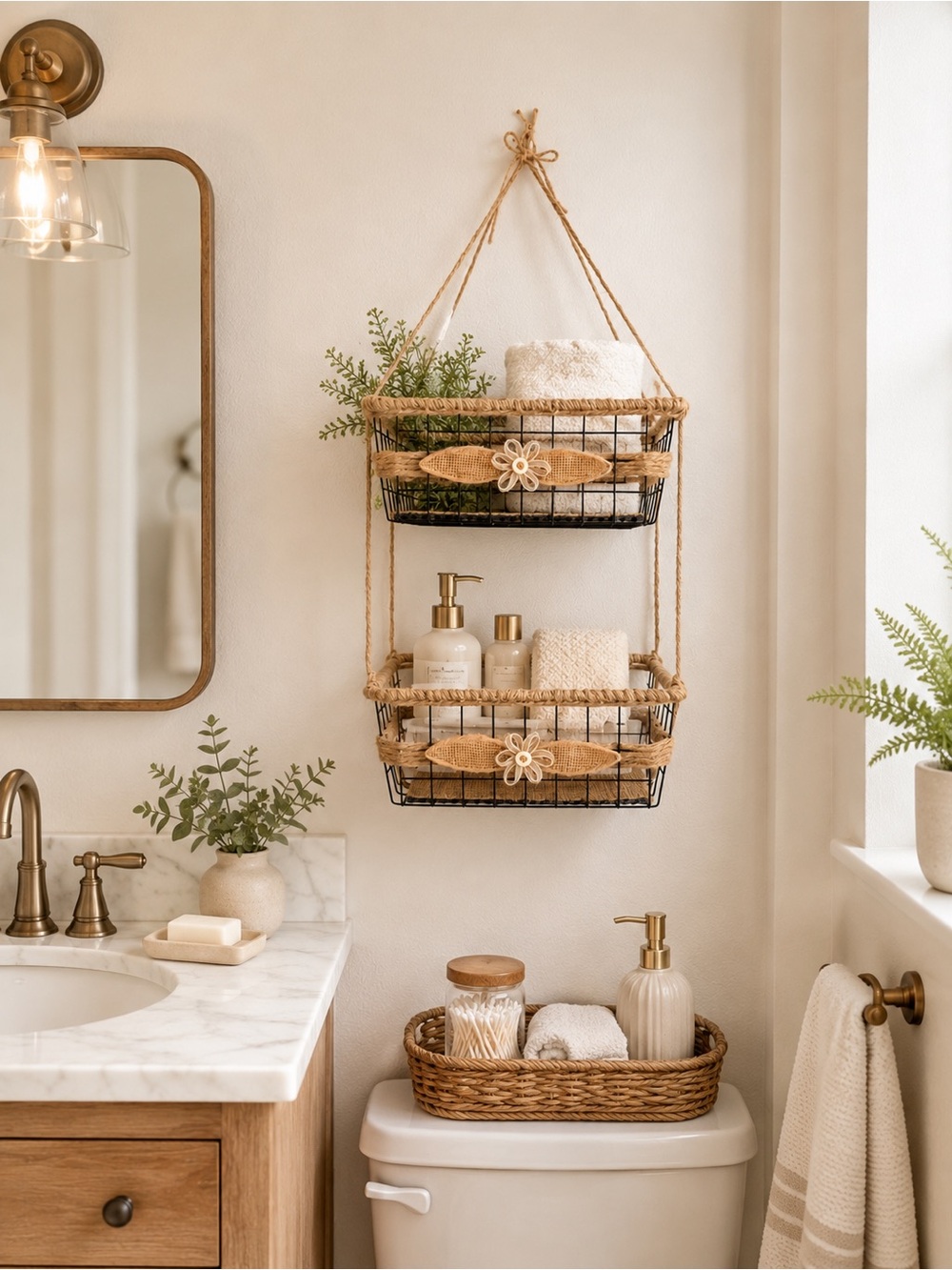 Woven Hanging Two-Tier Bathroom Organizer 11β W Basket - Natural Cream